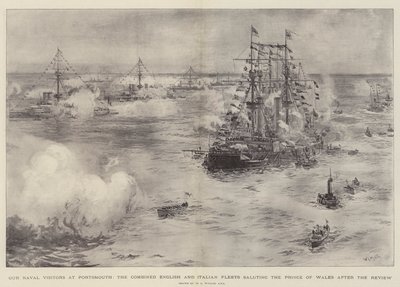 Our Naval Visitors at Portsmouth, the Combined English and Italian Fleets saluting the Prince of Wales after the Review by William Lionel Wyllie